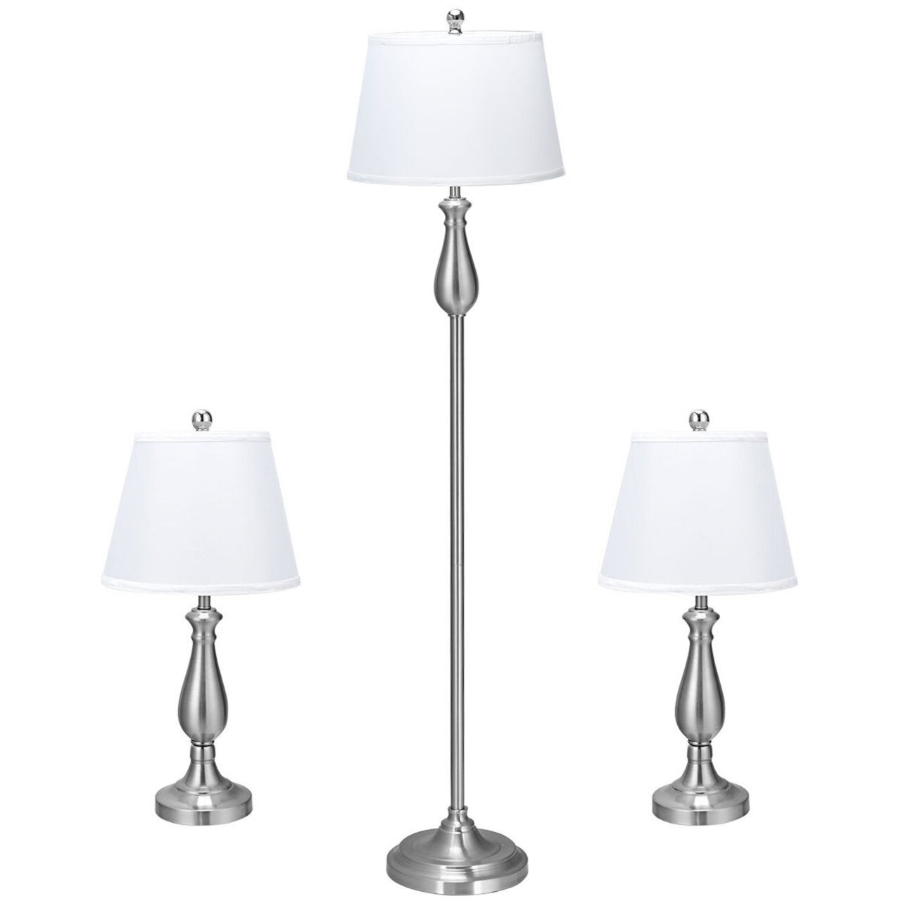 3-Piece Lamp Set 2 Table Lamps 1 Floor Lamp Brushed Nickel Modern Home Bedroom